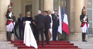 What is She Wearing?! Jill Biden Dons Velvet Dress with Obnoxious Train to the Élysées Palace for the State Dinner (VIDEO)