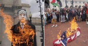 “Allahu Akbar!” – Pro-Hamas Agitators Torch American Flags and Effigies of Netanyahu in DC Following His Speech to Congress (VIDEO)
